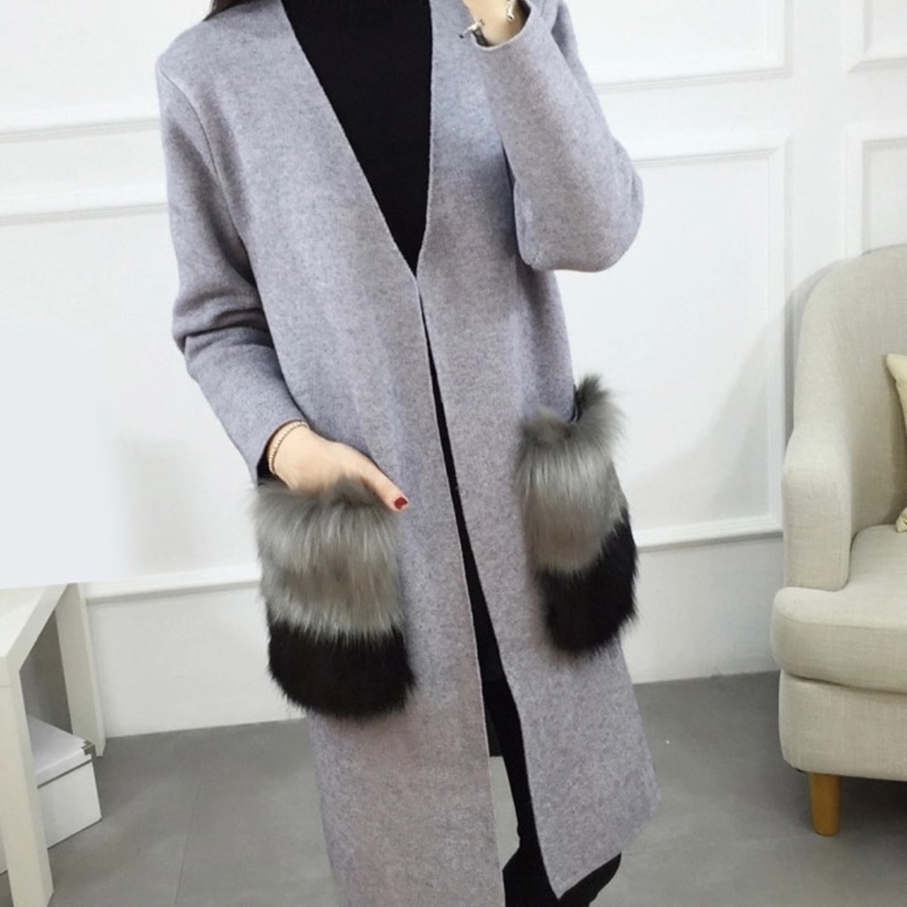 Grey Long Cardigan With Detachable Fur Pockets - Picture 4 of 8